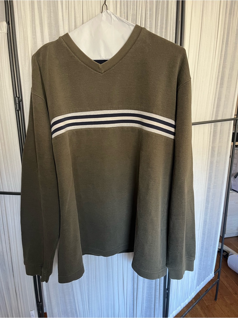 Men’s Vintage 90’s Cherokee Khaki V-Neck Sweater with White and Navy Stripes - L